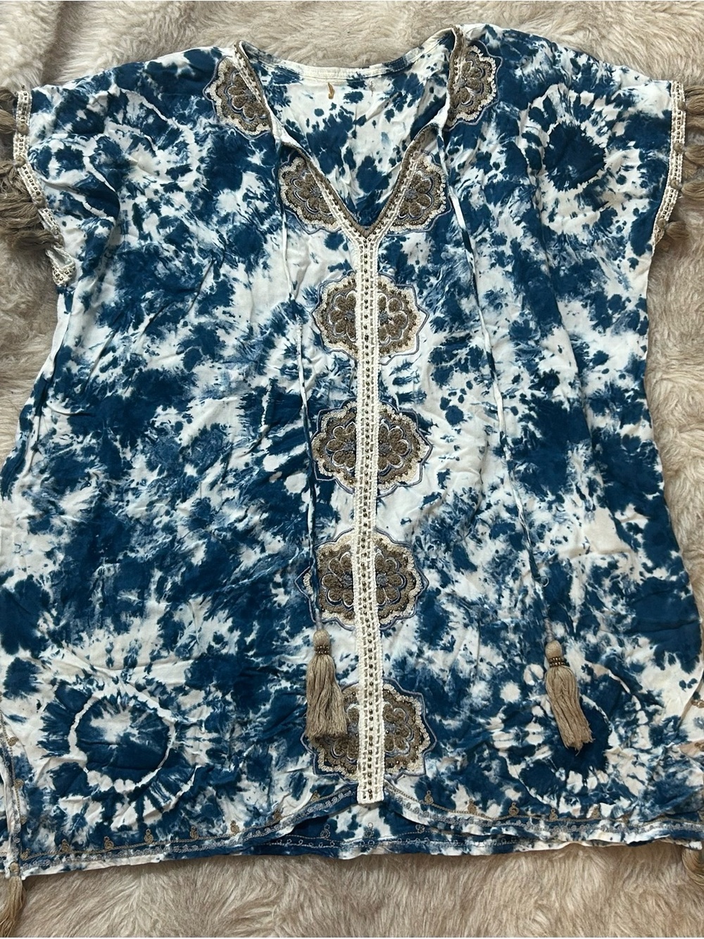 Blue Tie-Dye V-Neck Tunic with Embroidered Trim